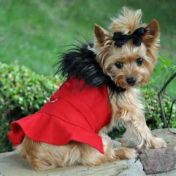 Chic Red Wool Dog Harness Coat with Faux Fur Trim for Cozy Winter Style