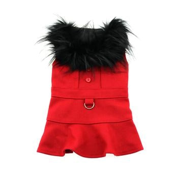 Chic Red Wool Dog Harness Coat with Faux Fur Trim for Cozy Winter Style
