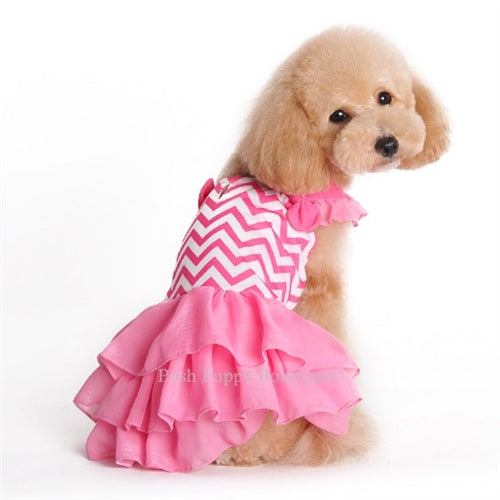 Chic Chevron Patterned Pet Dress, Ruffled Skirt, Bow Accents, Leash Hole