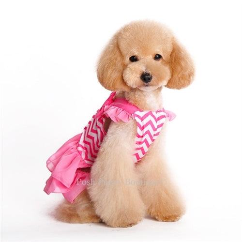 Chic Chevron Patterned Pet Dress, Ruffled Skirt, Bow Accents, Leash Hole