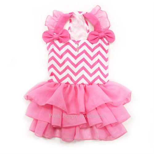 Chic Chevron Patterned Pet Dress, Ruffled Skirt, Bow Accents, Leash Hole