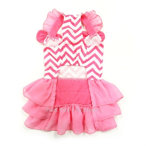 Chic Chevron Patterned Pet Dress, Ruffled Skirt, Bow Accents, Leash Hole