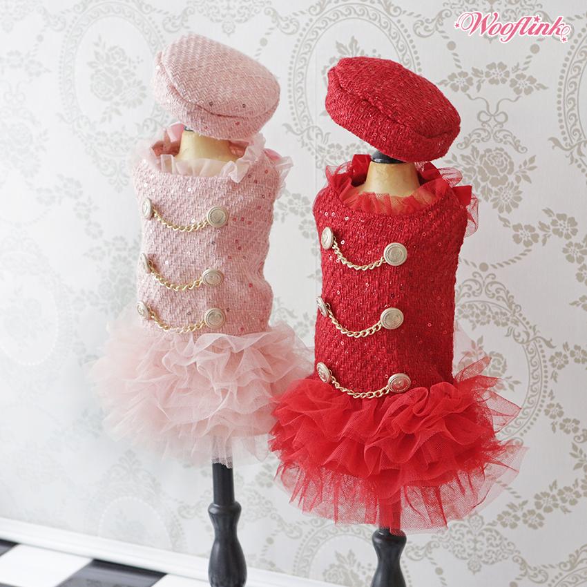 Elegant Red Sequin Tweed Dog Dress, Romantic Tutu, Golden Chains