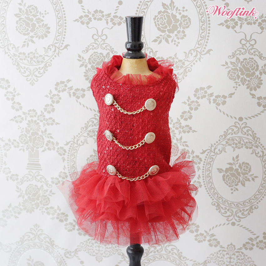 Elegant Red Sequin Tweed Dog Dress, Romantic Tutu, Golden Chains