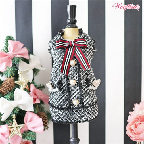 Elegant Black Tweed Dog Dress with Pearl Buttons and Bow Accents