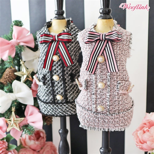 Elegant Black Tweed Dog Dress with Pearl Buttons and Bow Accents