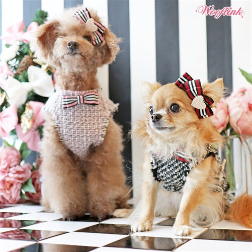 Elegant Black Tweed Dog Dress with Pearl Buttons and Bow Accents