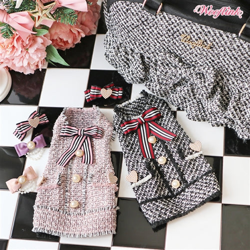 Elegant Black Tweed Dog Dress with Pearl Buttons and Bow Accents