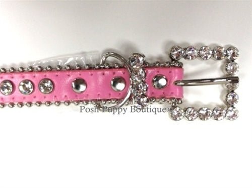 Elegant Pink Faux Leather Dog Collar with Dazzling Clear Crystal Embellishments