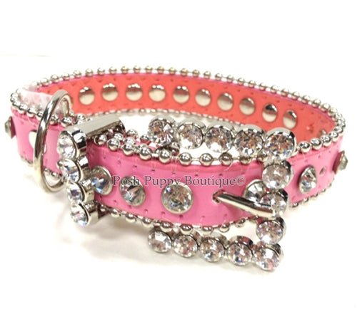 Elegant Pink Faux Leather Dog Collar with Dazzling Clear Crystal Embellishments