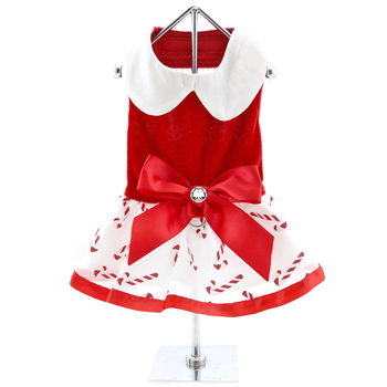 Festive Candy Cane Velvet Dog Harness Dress with Leash D-Ring