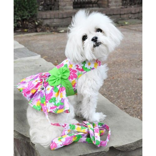 Charming Pink Hawaiian Floral Dog Harness Dress with Matching Leash Set