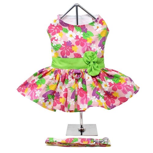Charming Pink Hawaiian Floral Dog Harness Dress with Matching Leash Set