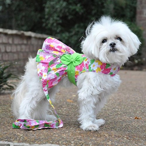 Charming Pink Hawaiian Floral Dog Harness Dress with Matching Leash Set