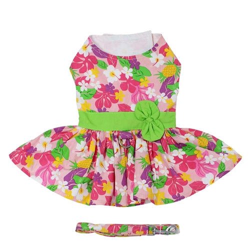 Charming Pink Hawaiian Floral Dog Harness Dress with Matching Leash Set