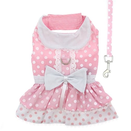 Charming Pink Polka Dot Lace Dog Harness Dress Set with Leash