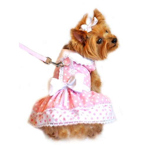Charming Pink Polka Dot Lace Dog Harness Dress Set with Leash
