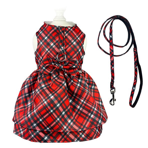Comfortable Red Plaid Dog Harness Dress & Leash Set, Lightweight & Secure